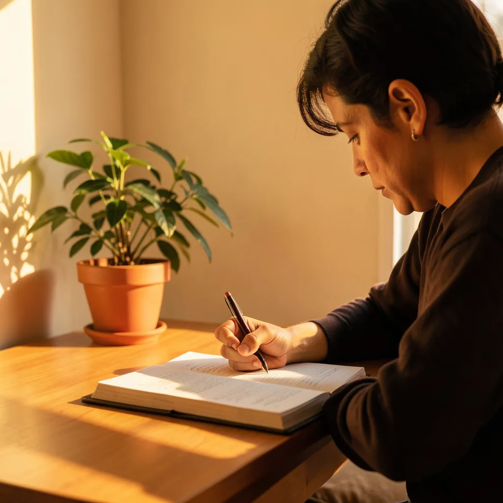 A warm golden-hour photograph of a person writing in a journal at a sunlit table, with a potted plant in the background