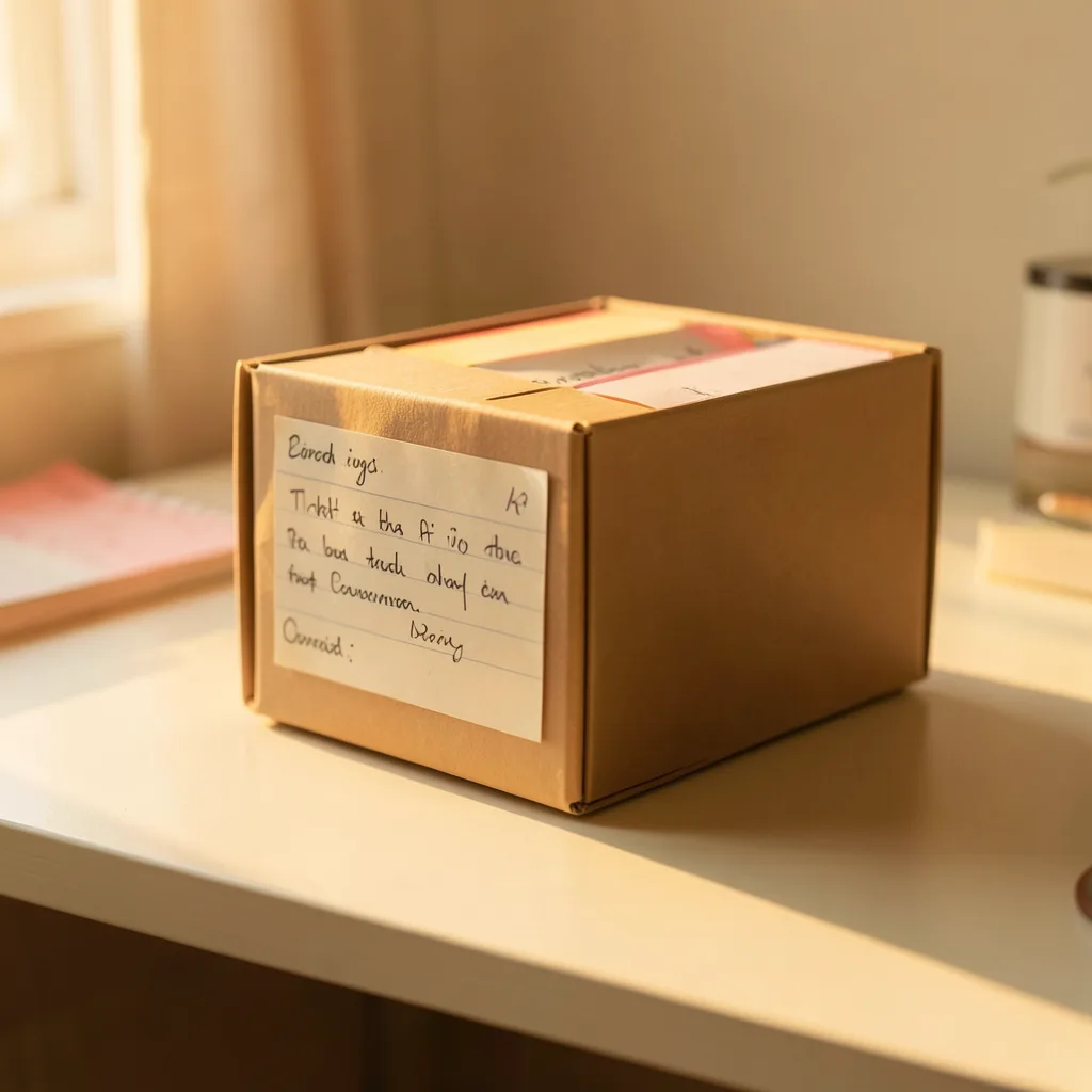 A warm golden-hour photograph of a simple index card file box on a desk, with handwritten tabs visible, surrounded by soft light