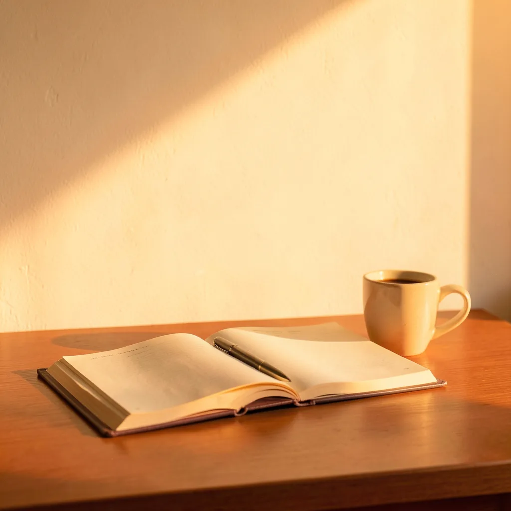 A warm golden-hour photograph of a tidy desk with an open notebook, a pen, and a cup of coffee, bathed in soft amber light