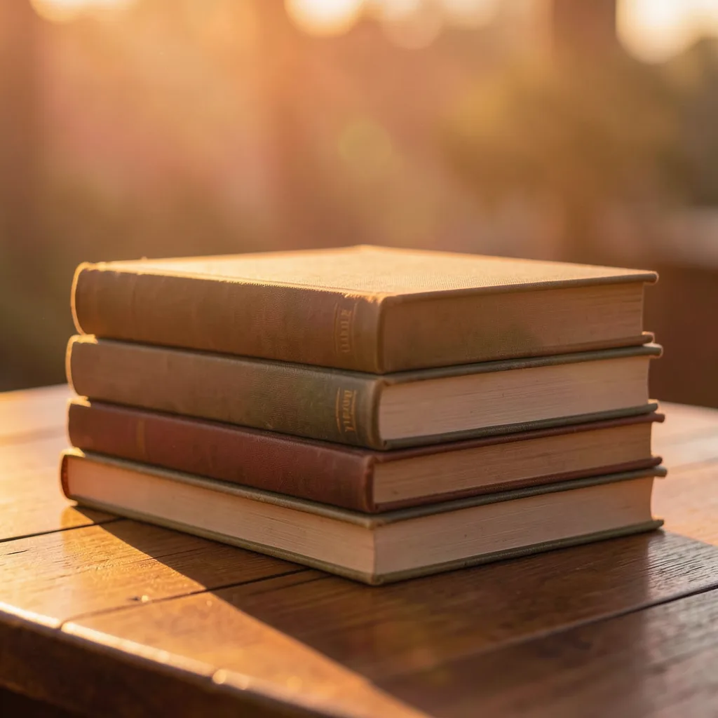 A warm golden-hour photograph of a stack of hardcover books on a wooden table, spines in muted earth tones, with soft sunlight