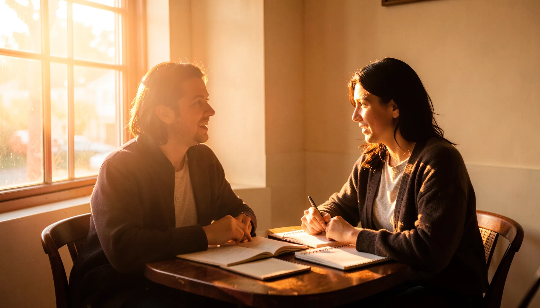 A warm golden-hour photograph of two people sitting at a café table in conversation, notebooks open, with soft sunlight
