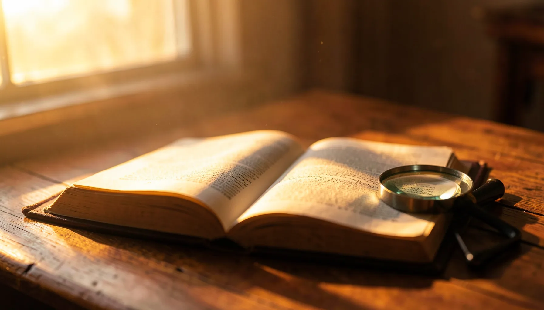 An open dictionary on a wooden desk, with a magnifying glass resting beside it, illuminated by warm golden-hour sunlight.